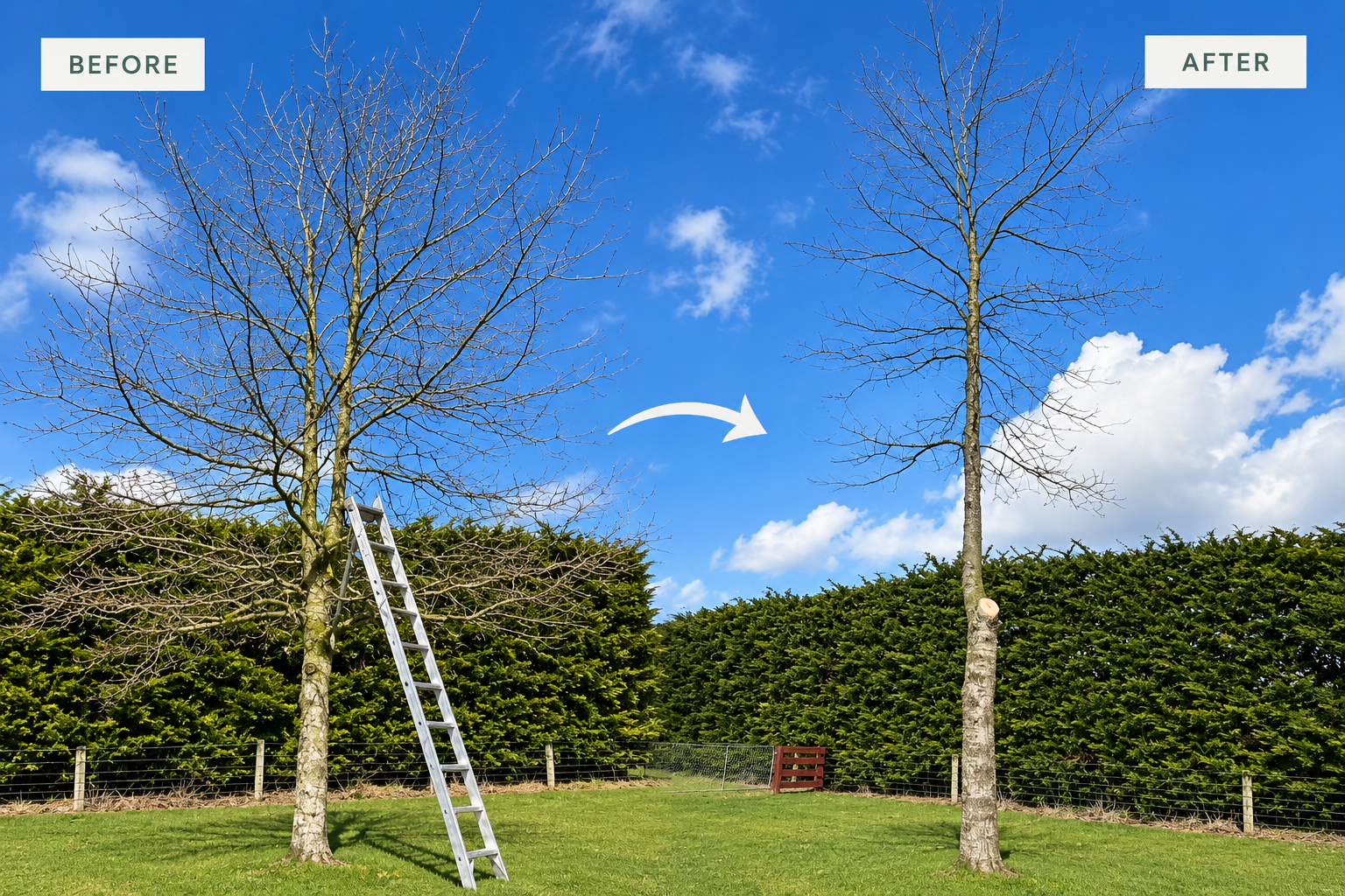 Before and after professional tree pruning showing the tree canopy reduced and reshaped.